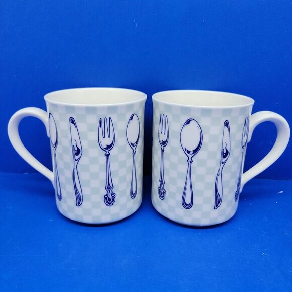 Epoch Indonesia Knife & fork Teal Checkerboard Mugs set of 2 - Picture 11 of 11